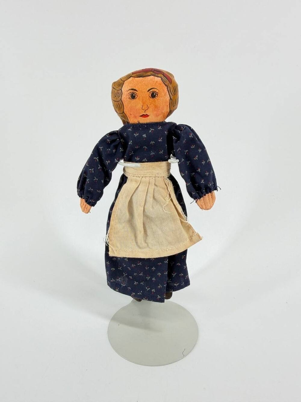 Antique Primitive Folk Art Doll Hand Painted Face Blue Dress Apron Decor